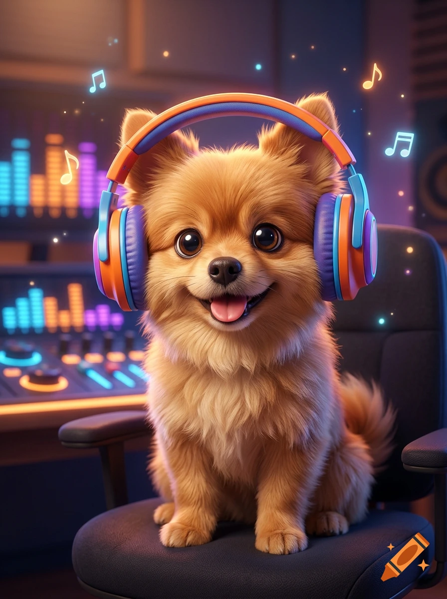 A fluffy tan Pomeranian dog sitting in a studio chair wearing colorful headphones, with glowing music notes and a mixing console in the background.