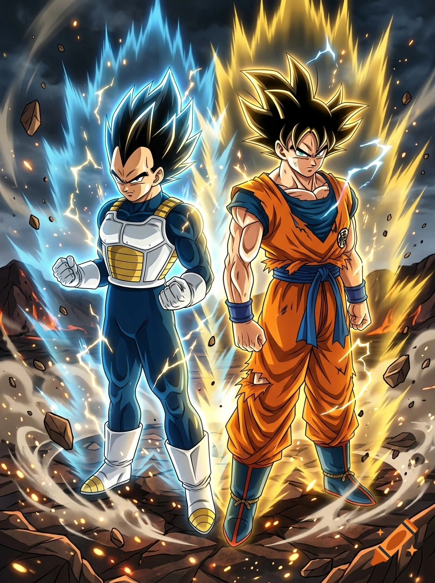 Dragon Ball Z characters Goku and Vegeta powering up with blue and yellow auras in an anime art style.