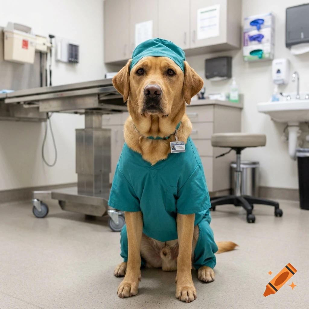 A yellow Labrador retriever dressed in teal veterinary scrubs and a surgical cap, sitting on the floor of an examination room.