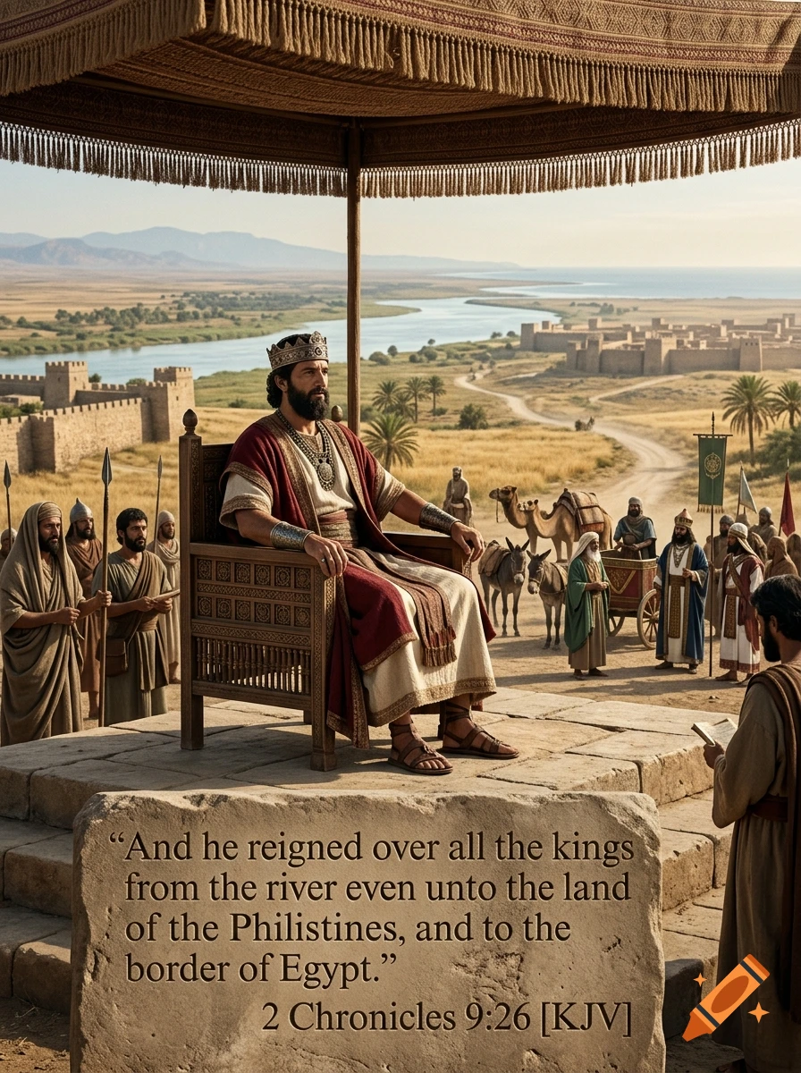 A king seated on a throne under a canopy in an ancient desert landscape, with a stone block in the foreground bearing biblical text.