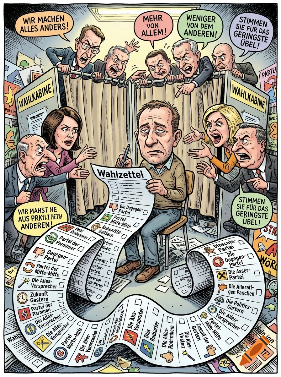 A satirical caricature illustration of a man sitting in a polling booth holding a long ballot surrounded by yelling politicians.
