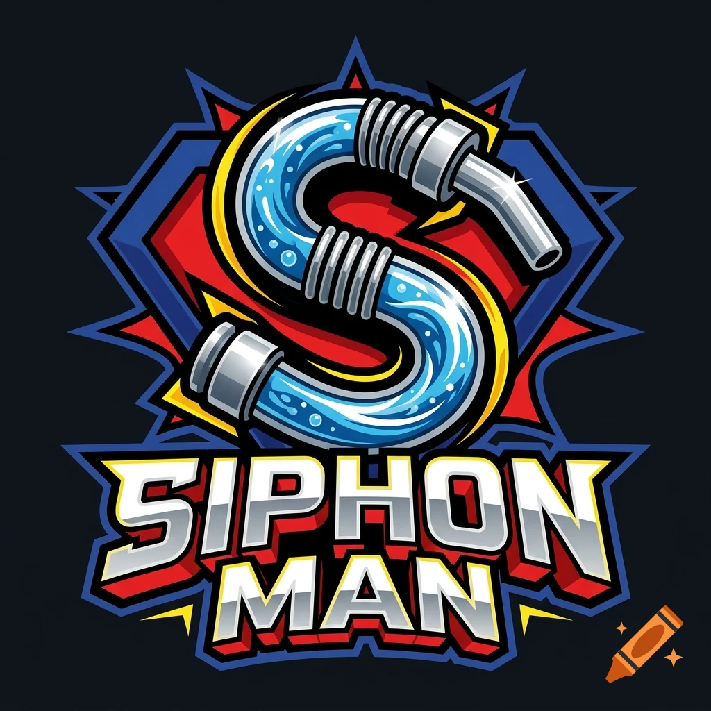 An emblem with a hose shaped like the letter S carrying water, with the text SIPHON MAN underneath.