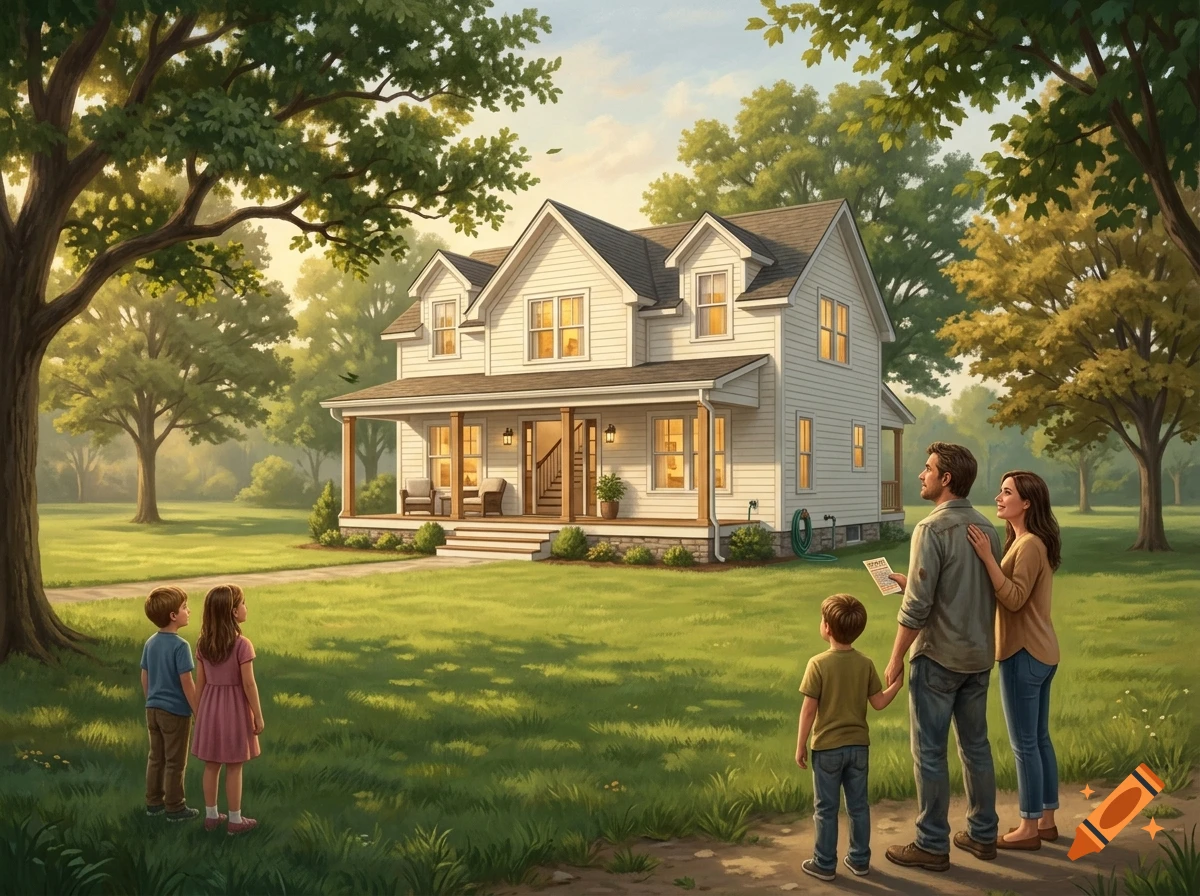 A family of four and two other children admiring a large two-story white house surrounded by trees and a green lawn.