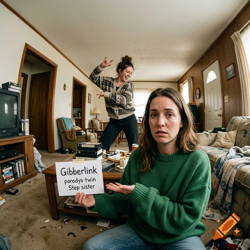 A woman holds up a sign reading 'Gibberlink parodys twin Step sister' in a messy living room while another woman dances in the background.
