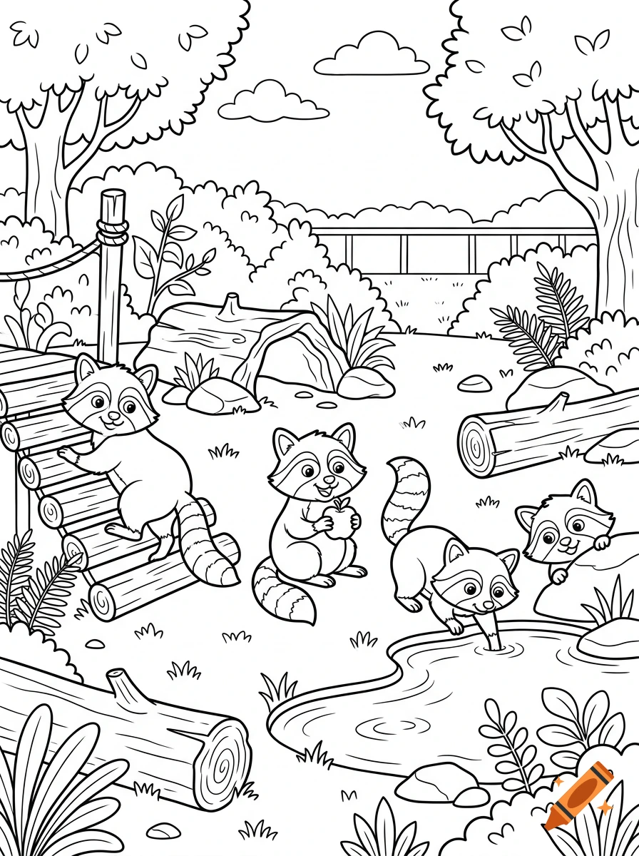 Black and white coloring page of playful raccoons in a zoo habitat with trees, logs, and a pond.