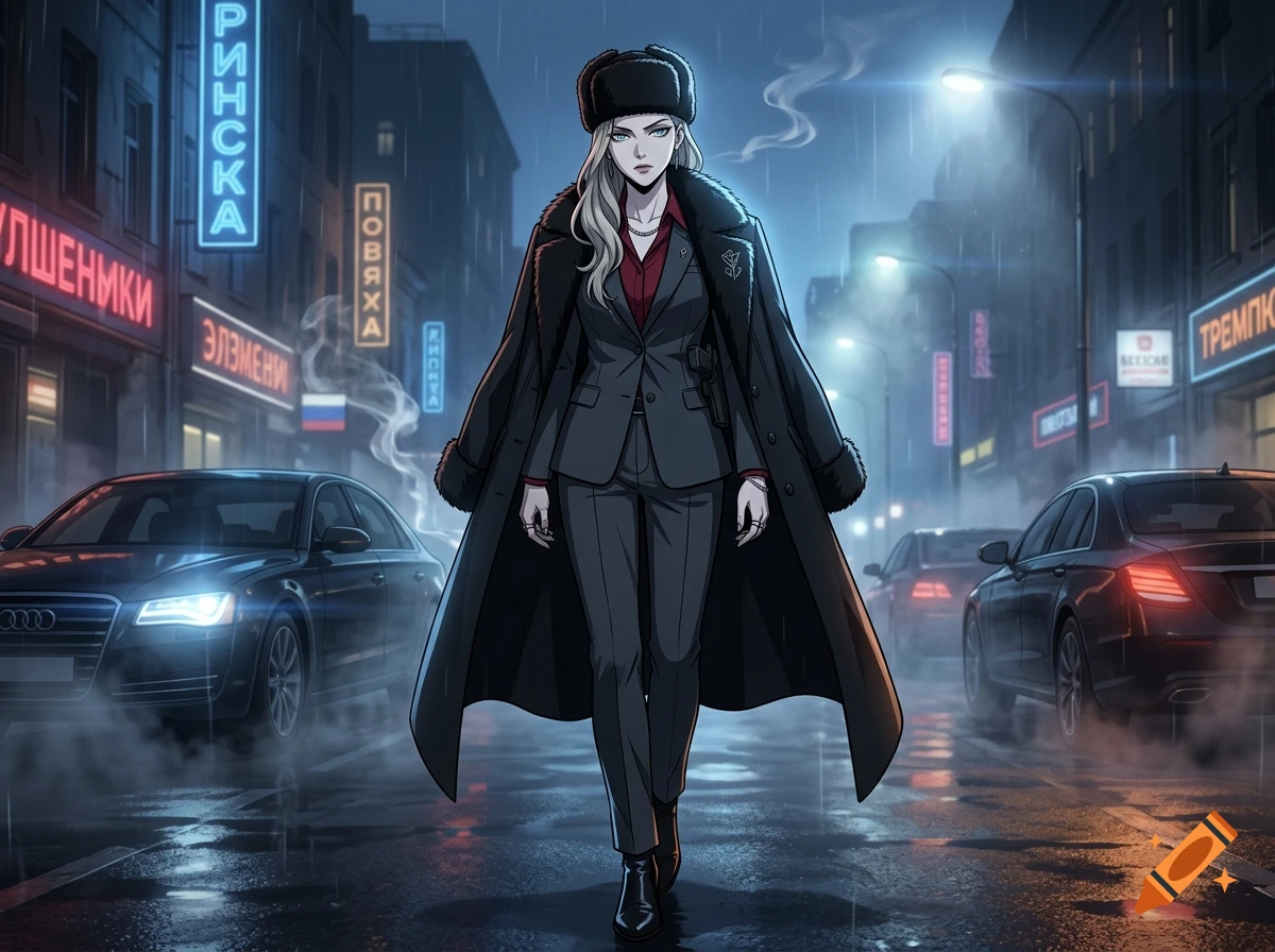 A woman in a suit and fur coat walks down a wet city street at night, flanked by cars and neon signs.