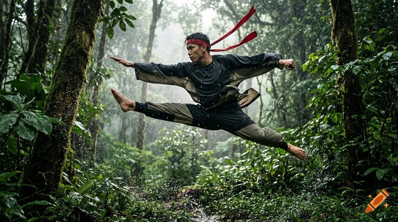 A martial artist performing a dynamic jump split kick in a rainy green forest, photorealistic.