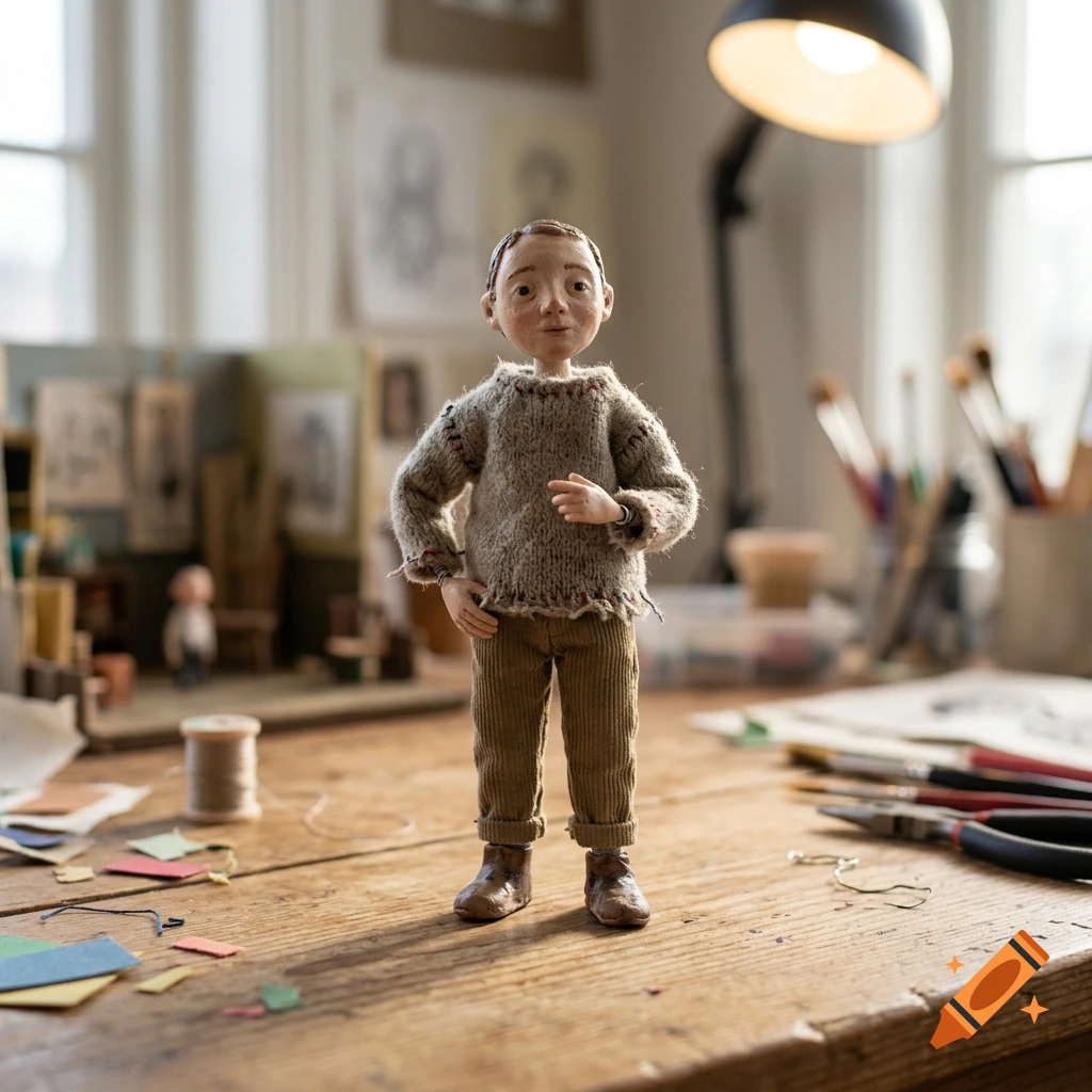 A stop-motion puppet doll wearing a knit sweater and corduroy pants standing on a wooden workbench.