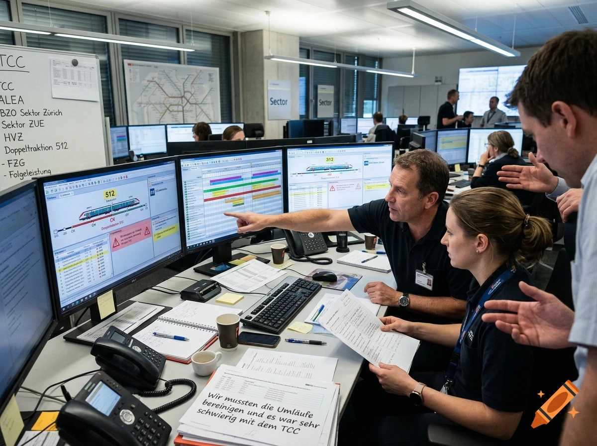 Photorealistic scene of rail traffic controllers working in an office with computer screens and paperwork.