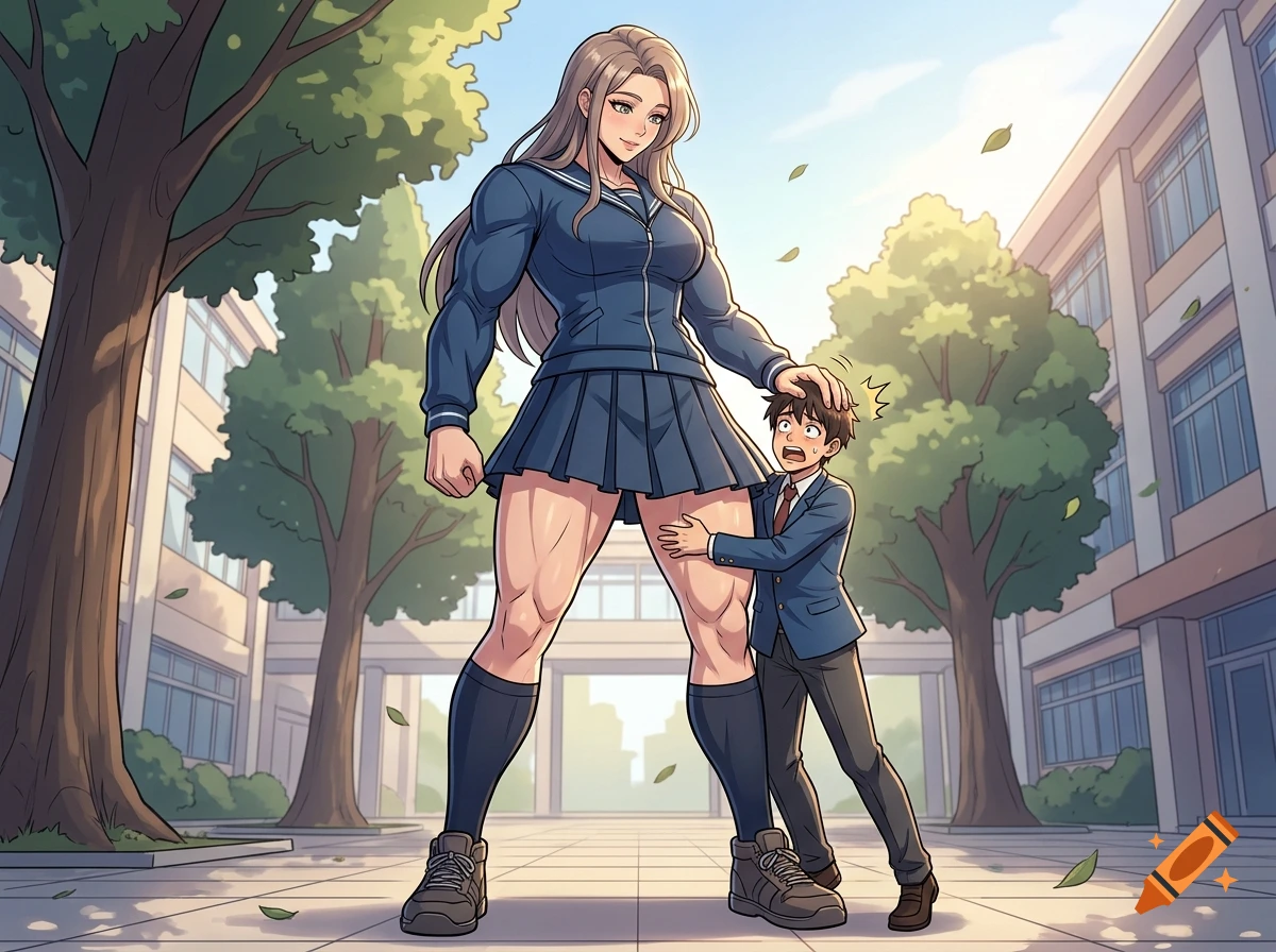 An anime-style illustration of an extremely tall, muscular schoolgirl patting the head of a terrified boy who clings to her leg in a school courtyard.