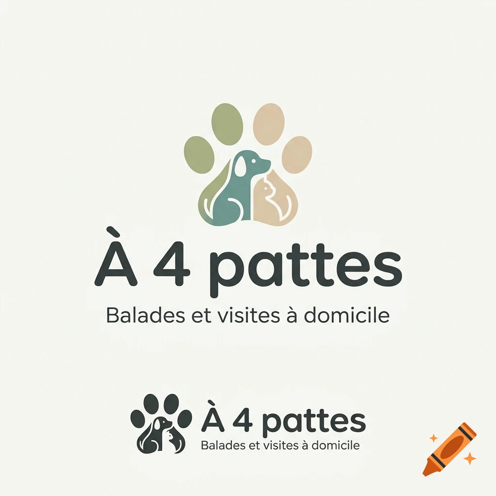 Professional minimalist logo for a pet sitting service featuring a paw print with dog and cat silhouettes, and the text À 4 pattes.