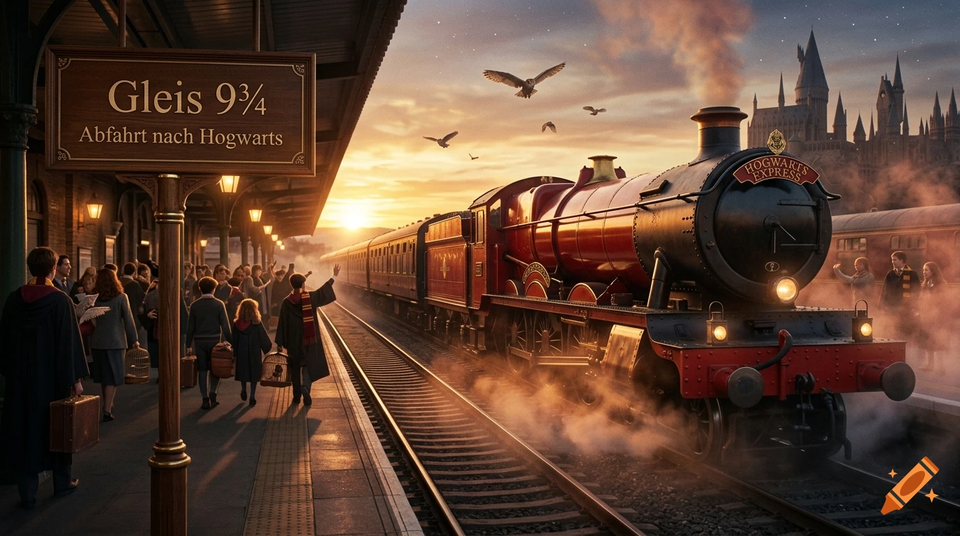 Photorealistic scene of the Hogwarts Express at a station platform during sunset, with passengers boarding and an owl flying.