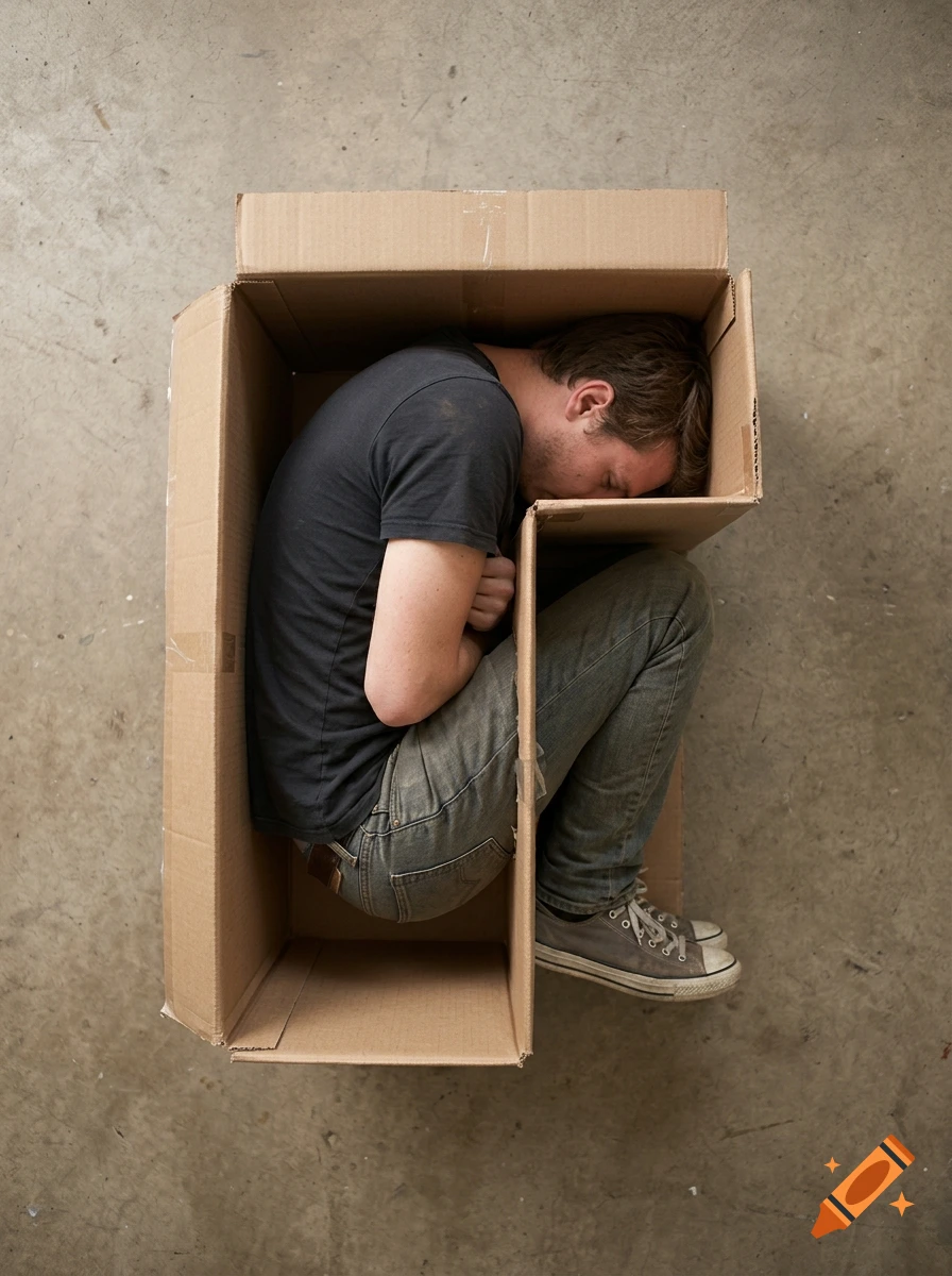 Overhead photorealistic view of a man curled up inside a large L-shaped cardboard box on a concrete floor.