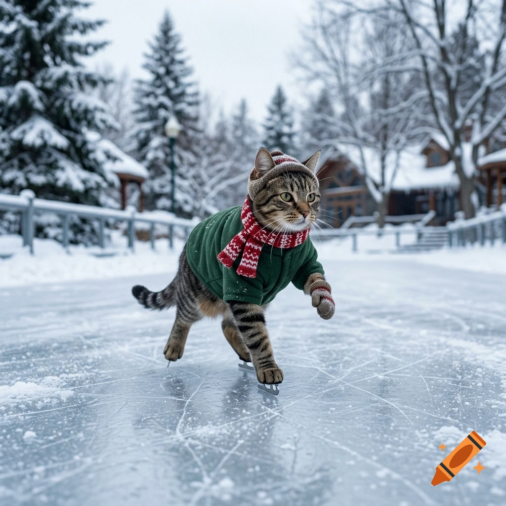 A tabby cat wearing a green jacket, red patterned scarf, and beanie ice skates on an outdoor rink surrounded by snowy trees.