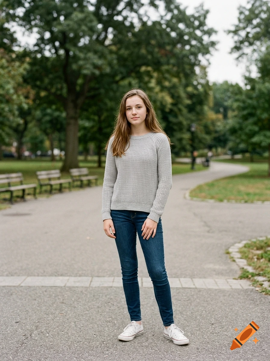 Full-length photorealistic portrait of a young woman standing on a paved path in a park with trees and benches.