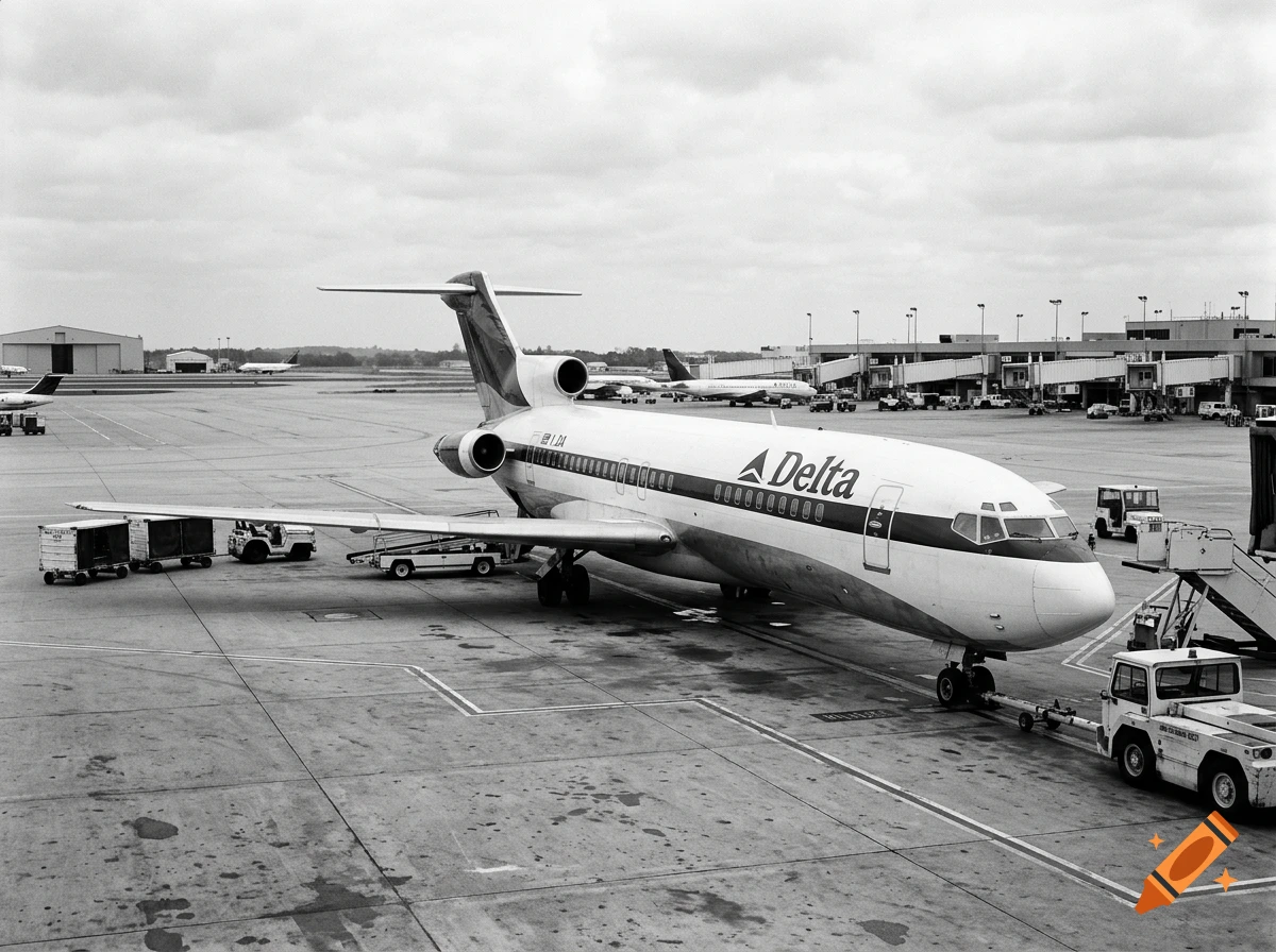 A black-and-white photograph of a Delta airliner parked at an airport gate, connected to ground equipment and surrounded by tarmac.