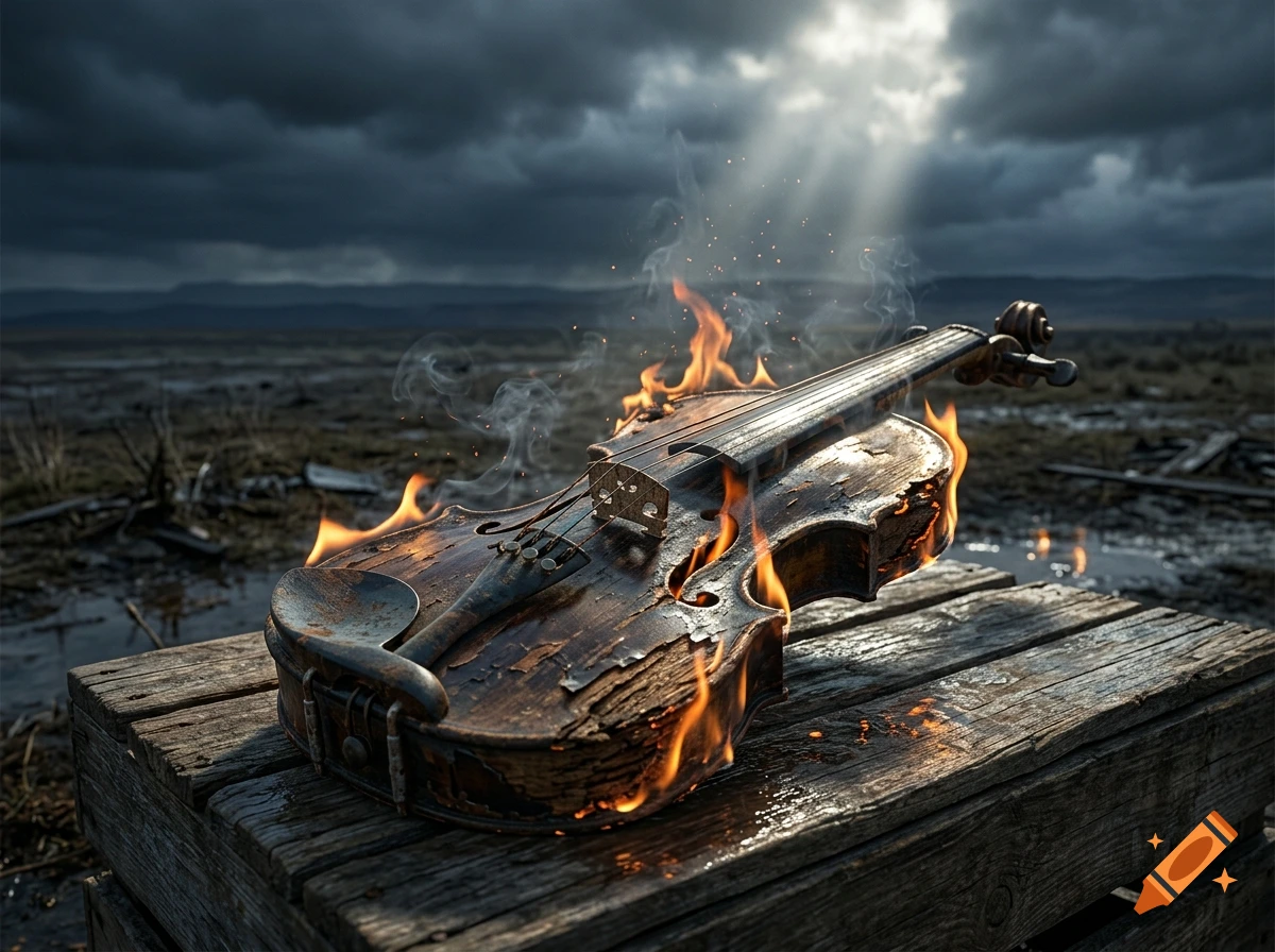 A violin on fire rests on a wooden crate outdoors under a dramatic cloudy sky with sunbeams.
