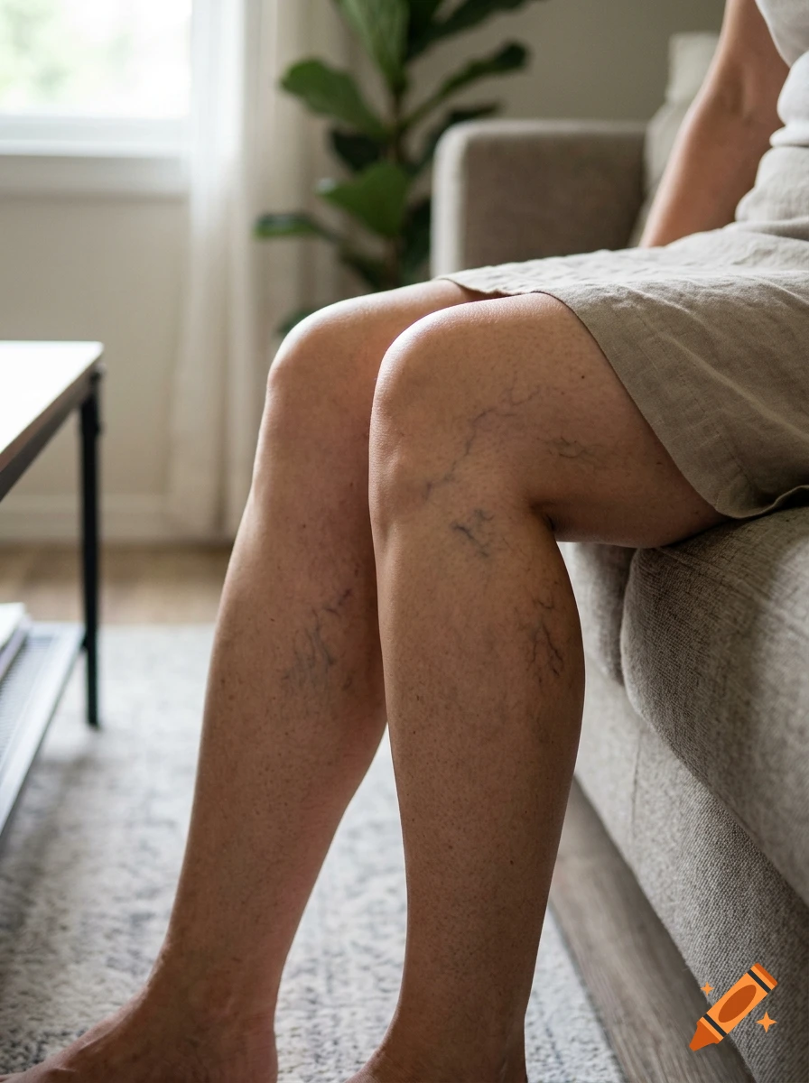 Close-up photograph of a person's legs sitting on a couch showing varicose veins.