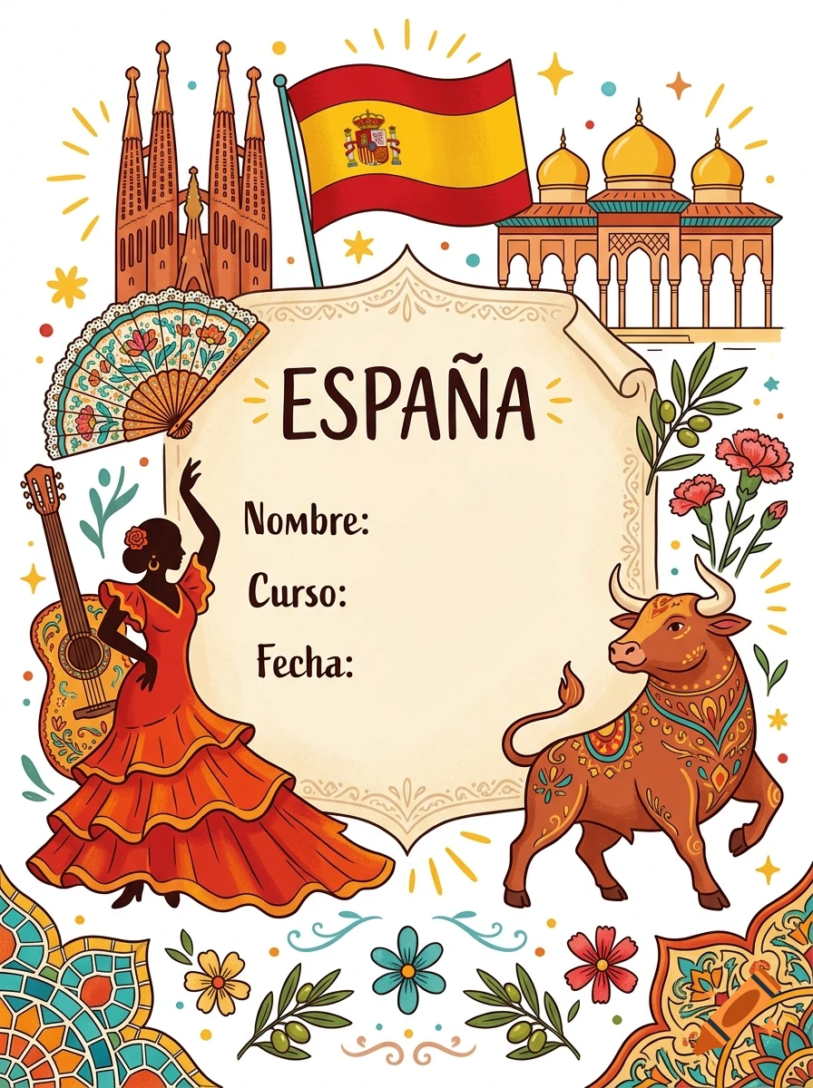 An illustrated Spanish-themed educational poster featuring a central scroll with the word ESPANA, surrounded by cultural icons including a flamenco dancer, a bull, the Spanish flag, landmark architecture, and a guitar.