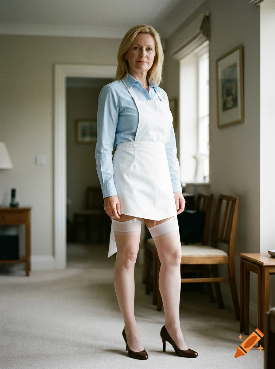 A full-length portrait of a blonde woman wearing a light blue button-down shirt, a white apron, stockings, and heels, standing in a brightly lit room.