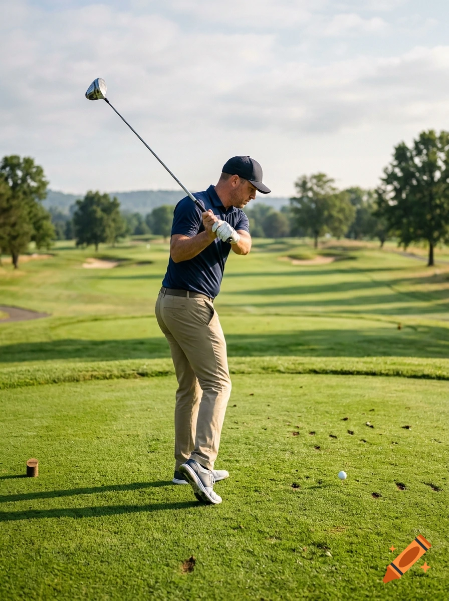A golfer in a navy polo shirt, cap, and khaki trousers swings a driver on a sunny golf course teeing area.