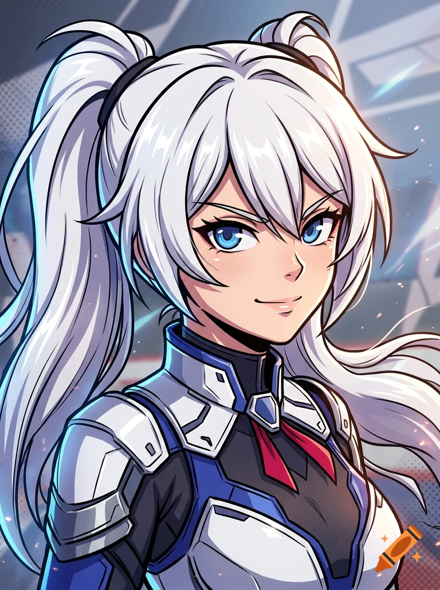 Anime portrait of a white-haired girl with twin ponytails wearing futuristic sci-fi armor in My Hero Academia style.