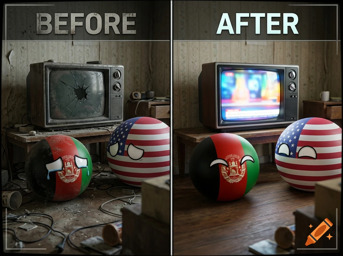 Before and after comparison of two countryballs, Afghanistan and USA, in a messy room with a broken TV versus a clean room with a working TV.