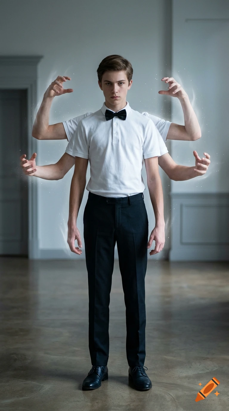 A young man with multiple arms wearing a white polo shirt, black bowtie, and dark trousers standing indoors.