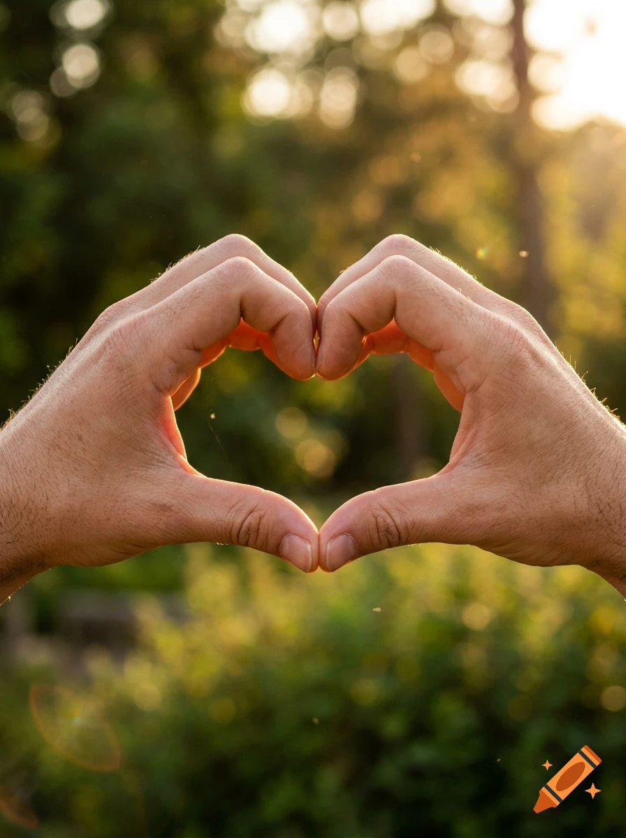 Close-up of two hands forming a heart shape against a blurred, sunlit natural background.