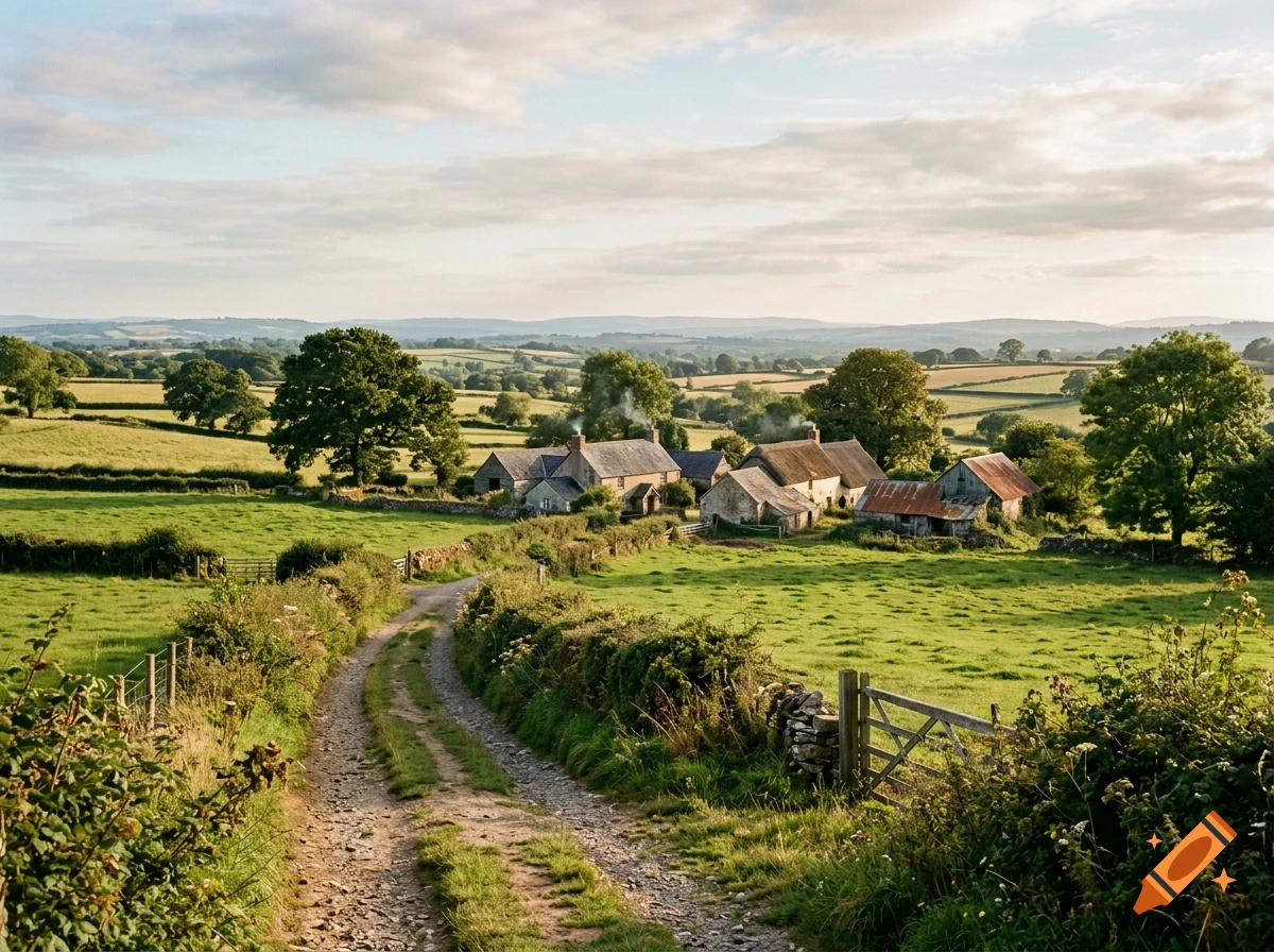 A narrow dirt path leading through green fields towards a cluster of stone farmhouses and barns under a cloudy sky.