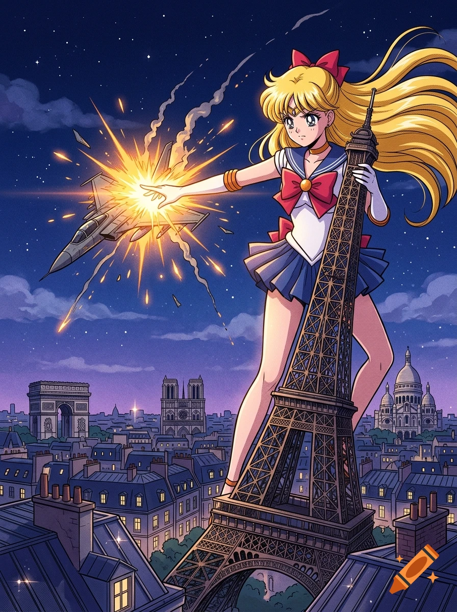 Giant Sailor Venus in 1980s anime style clinging to the Eiffel Tower at night, destroying a fighter jet with energy.