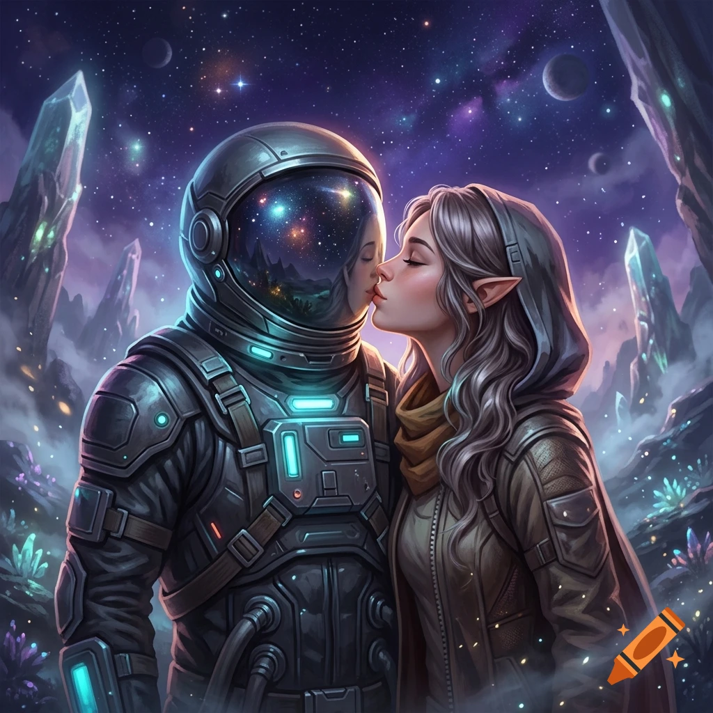 Digital art of a hooded female elf kissing the visor of an astronaut in a sci-fi space landscape with crystals and planets.