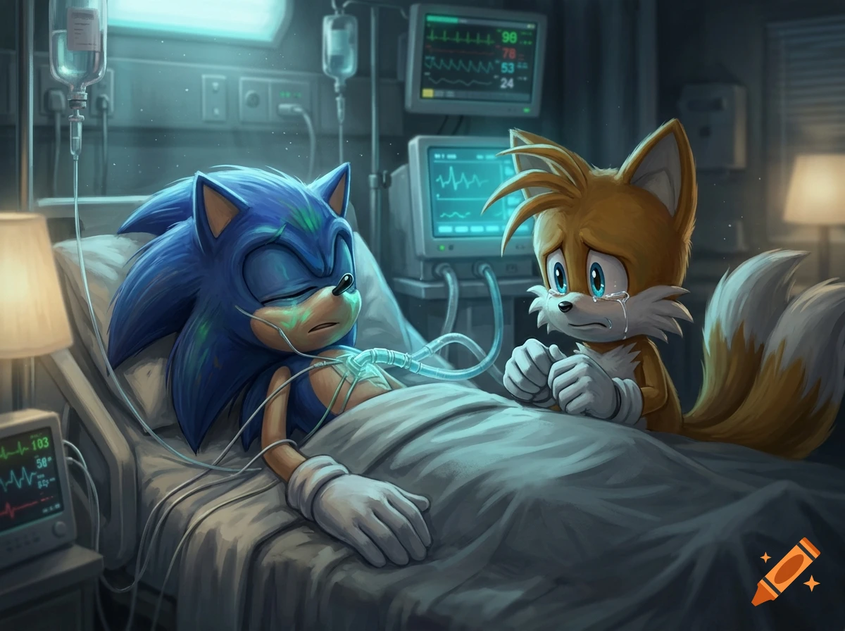 An emotional scene of Sonic lying in a hospital bed hooked up to medical equipment while Tails stands beside him with a tearful expression.