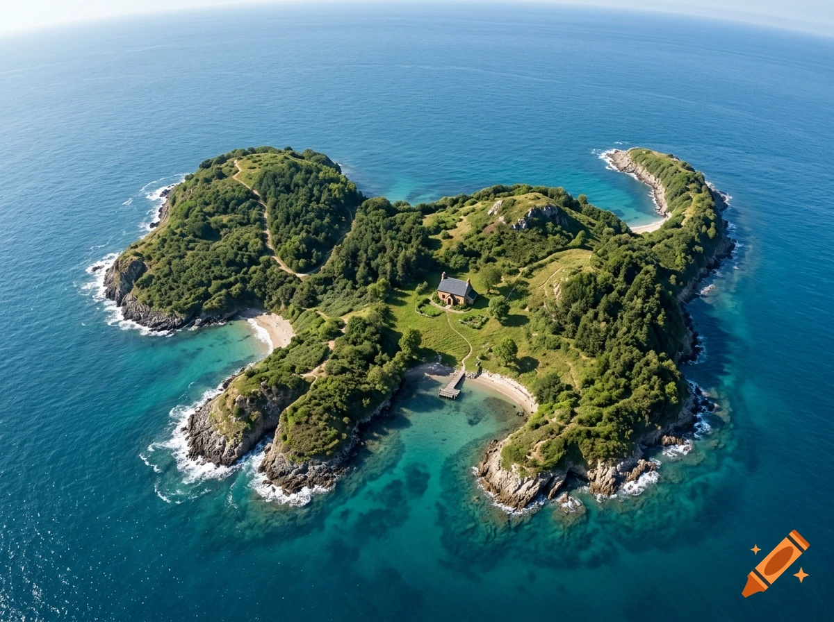 High-angle aerial view of a lush green island with a small house, sandy coves, and rocky shores surrounded by blue ocean water.