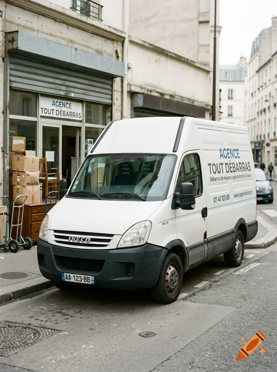 Photorealistic image of a white Iveco delivery van parked on a city street next to a building with french signage.