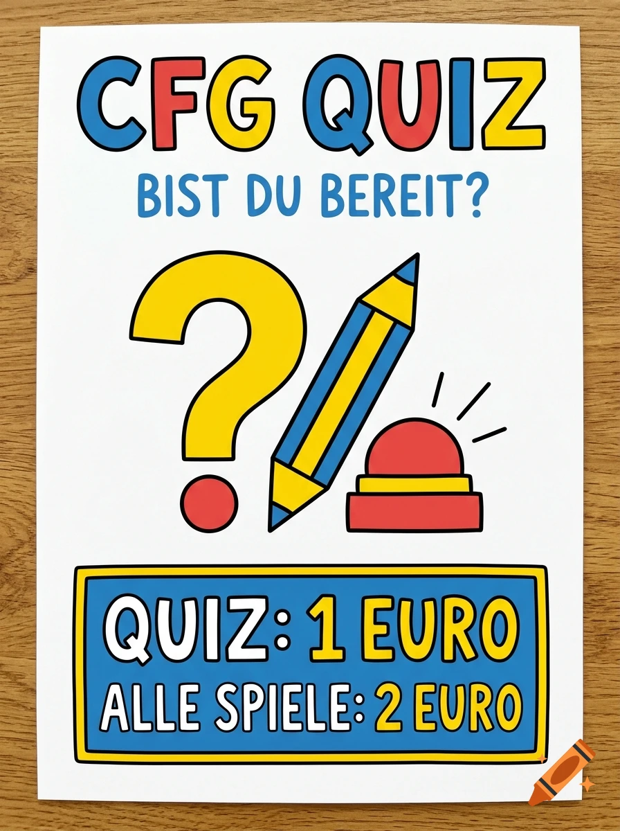 A colorful flyer titled CFG QUIZ with a question mark, pencil, buzzer icon, and pricing information.