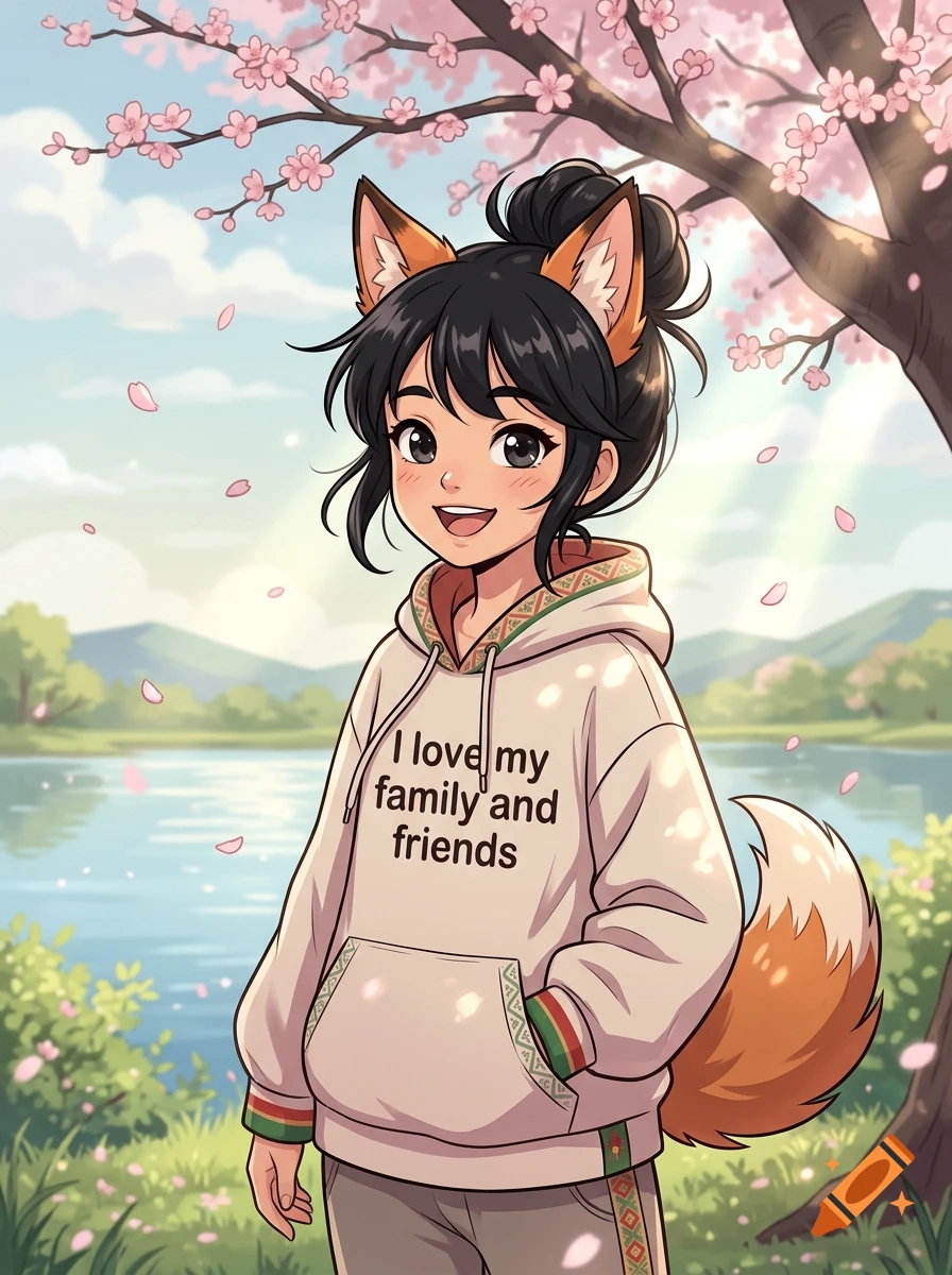 Anime style illustration of a smiling girl with fox ears and tail, wearing a hoodie that says I love my family and friends, by a lake under a cherry blossom tree.