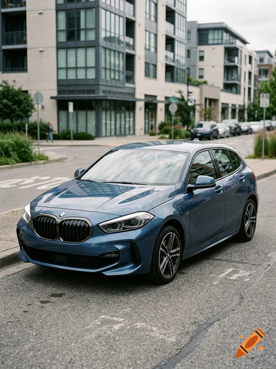 Photorealistic image of a blue hatchback car parked on a city street in front of modern apartment buildings.