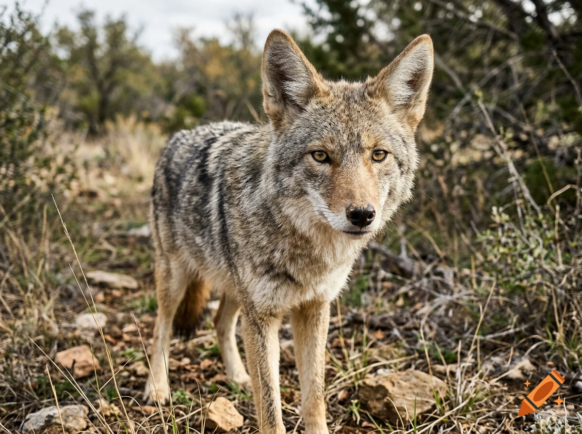 A coyote standing in a natural brush and rocky environment, looking directly toward the camera.