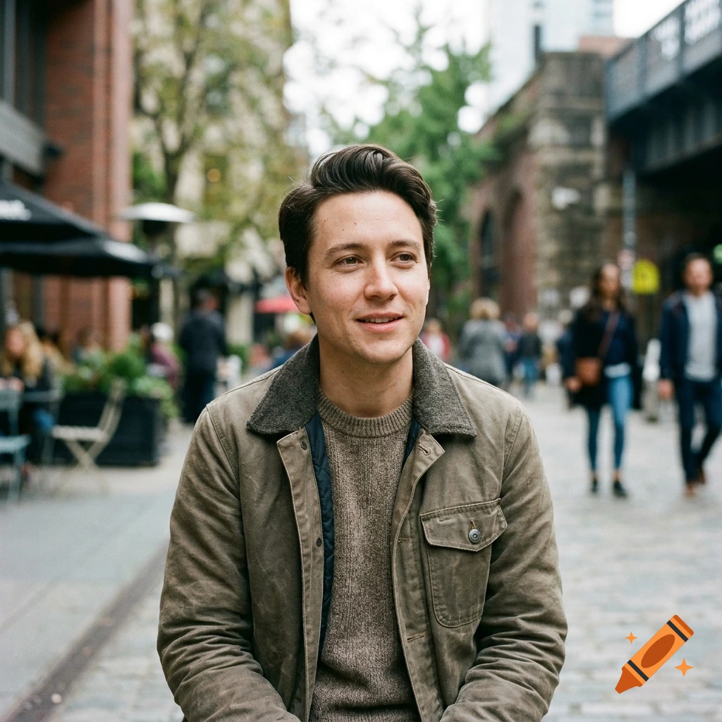 Photorealistic portrait of a young man with brown hair smiling, sitting outdoors on a city street.