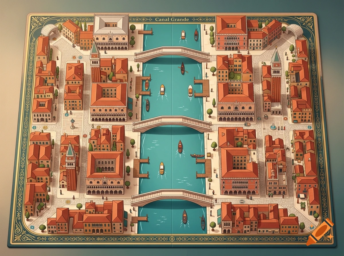An overhead view of a board game depicting a Venetian canal with bridges, boats, and surrounding buildings with terracotta roofs.