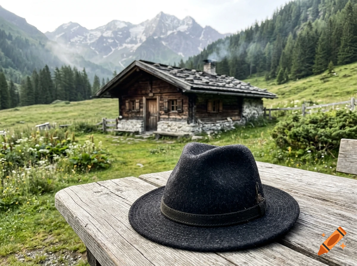 A black felt hat rests on a wooden picnic table with an alpine landscape, rustic wooden cabin, green meadows, and snow-capped mountains in the background.