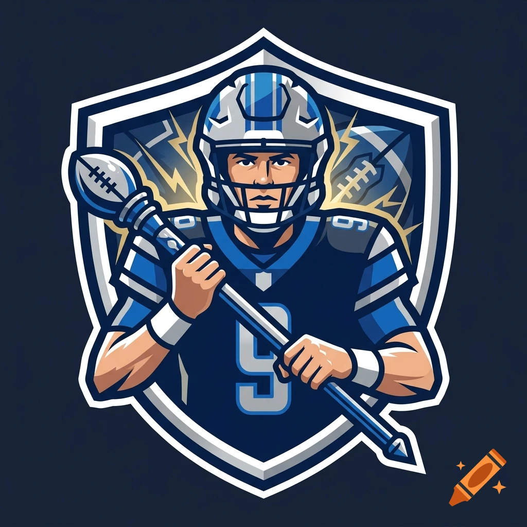 Digital illustration of a football quarterback holding a staff shaped like a football, inside a shield emblem.