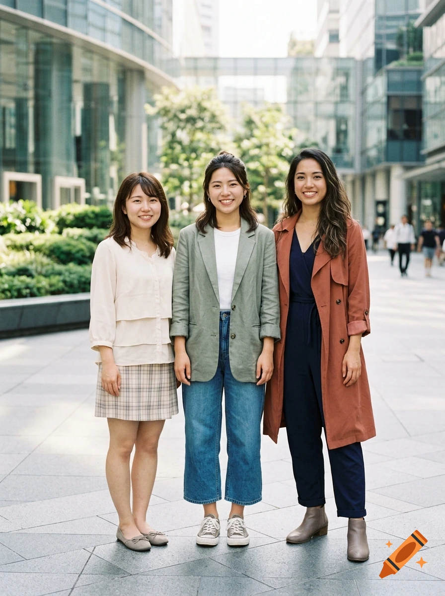 Full-body photograph of three young women standing together on a city pedestrian walkway with modern buildings in the background.