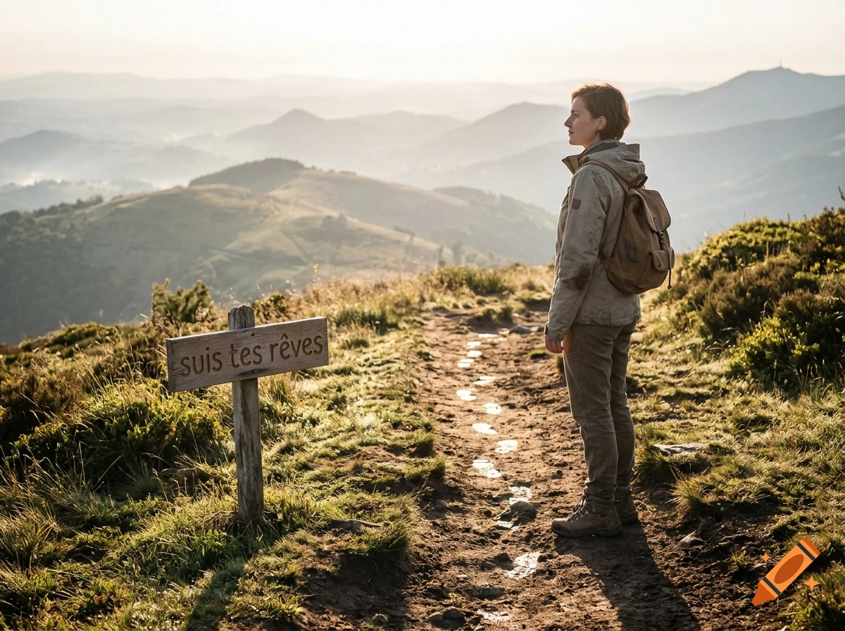A hiker with a backpack stands on a mountain trail near a wooden sign reading "suis tes rêves", overlooking a vast mountain landscape at sunrise.