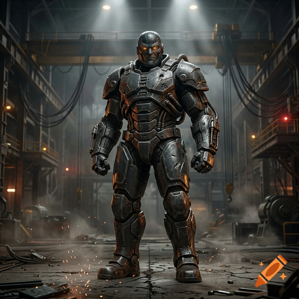 A full-body shot of a massive armored cybernetic warrior standing in a dimly lit industrial factory.