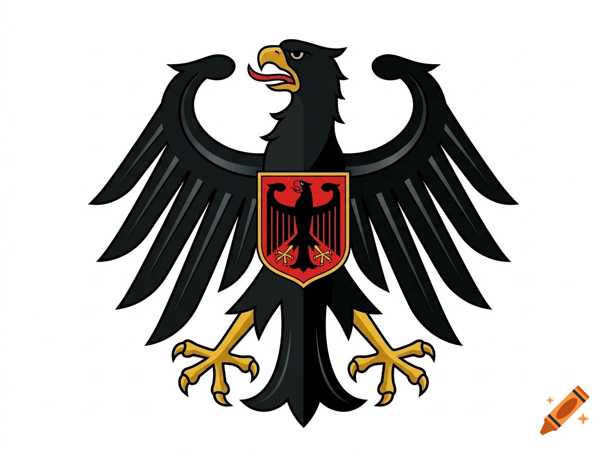Vector illustration of the German federal coat of arms featuring a black eagle with a red shield.