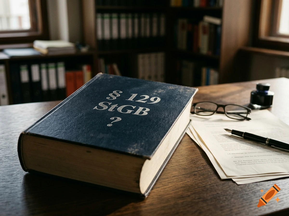A close-up view of a large, thick law book titled "§ 129 StGB ?" resting on a wooden desk with papers, glasses, a fountain pen, and an inkwell, with bookshelves in the blurred background.