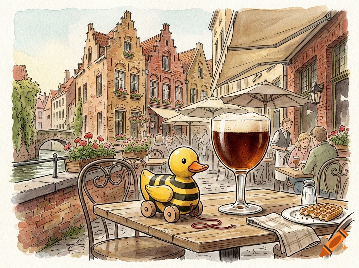 Watercolor illustration of a toy duck with wheels on a cafe table in front of a beer, with a historic European canal town in the background.