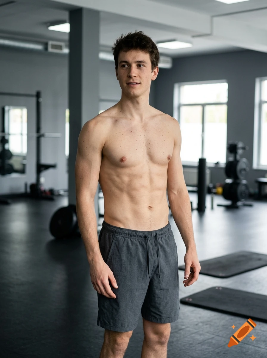 Photorealistic medium shot of a young man with a lean physique standing in a modern gym.